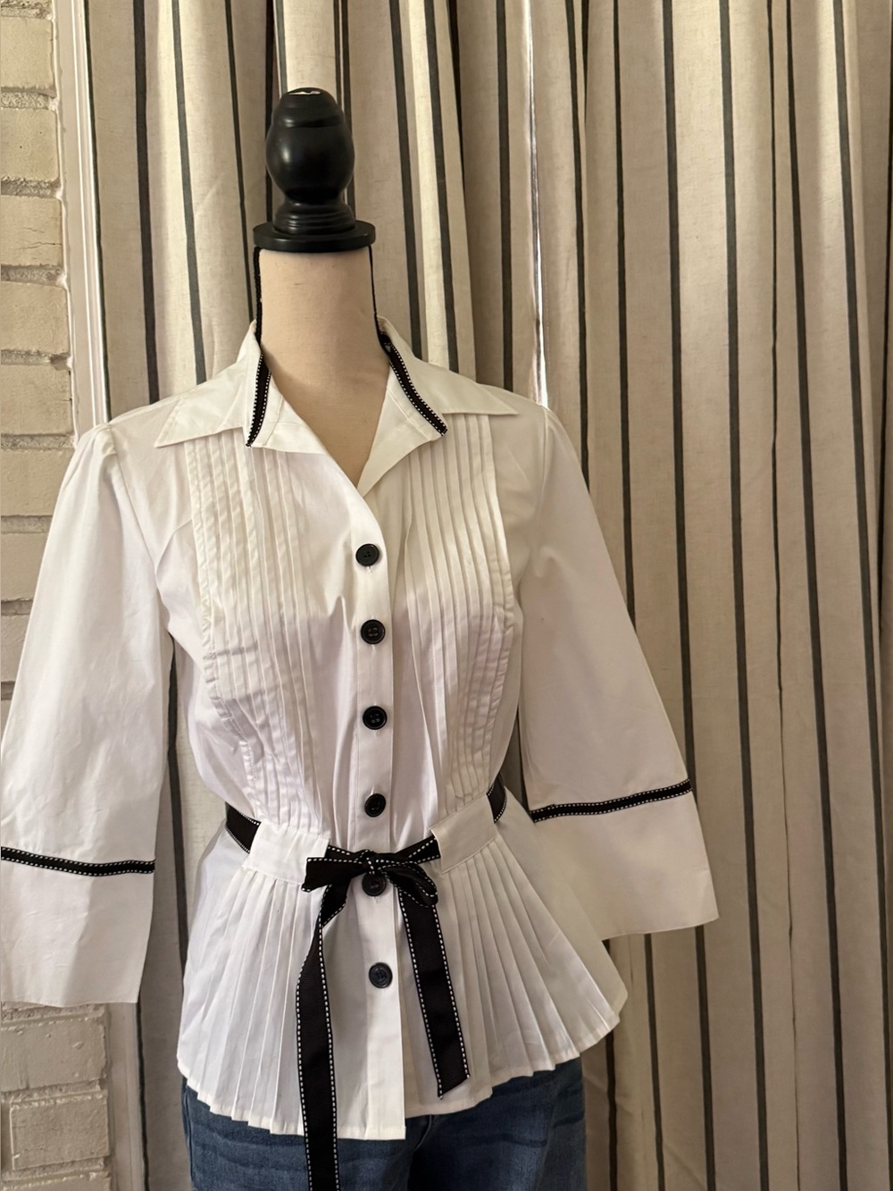 dressbarn White Button-Front Pleated Peplum Top with Black Trim